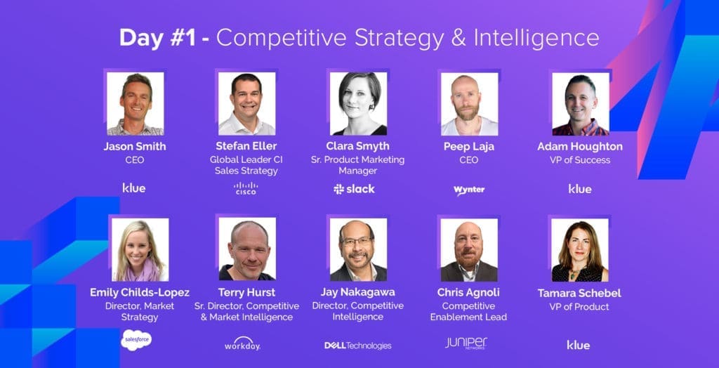 The speakers for Klue's Competitive Enablement Summit for day one