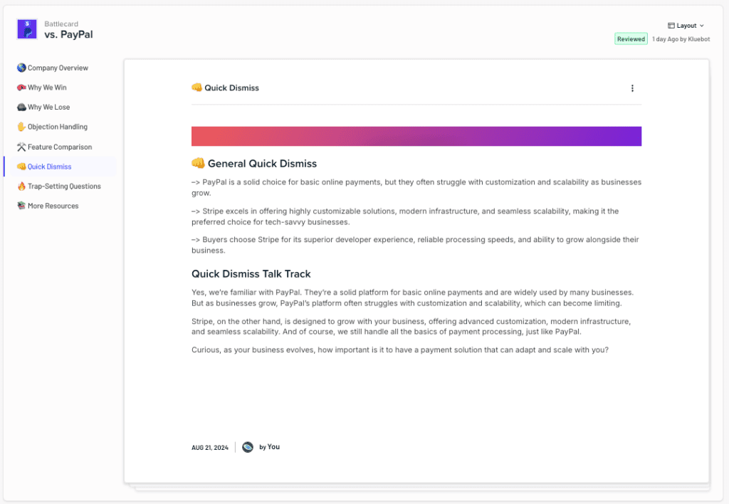 Klue's quick dismiss battlecard example