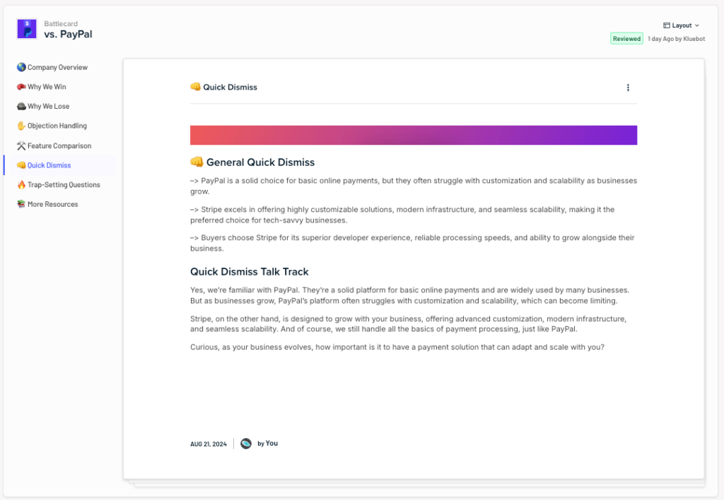 Example of a ‘Quick Dismiss” battlecard inside Klue's competitive intelligence platform
