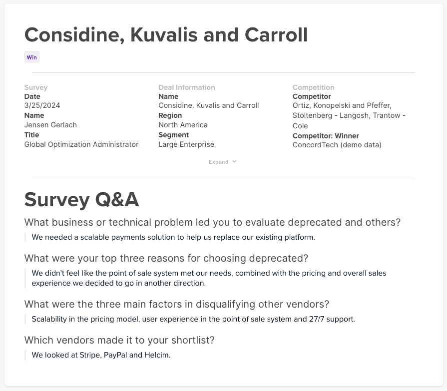 Example of win-loss survey