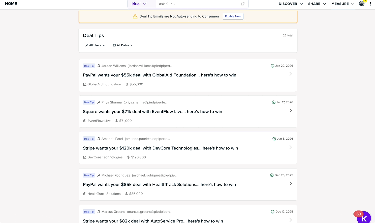 Klue AI Deal Tips Admin View