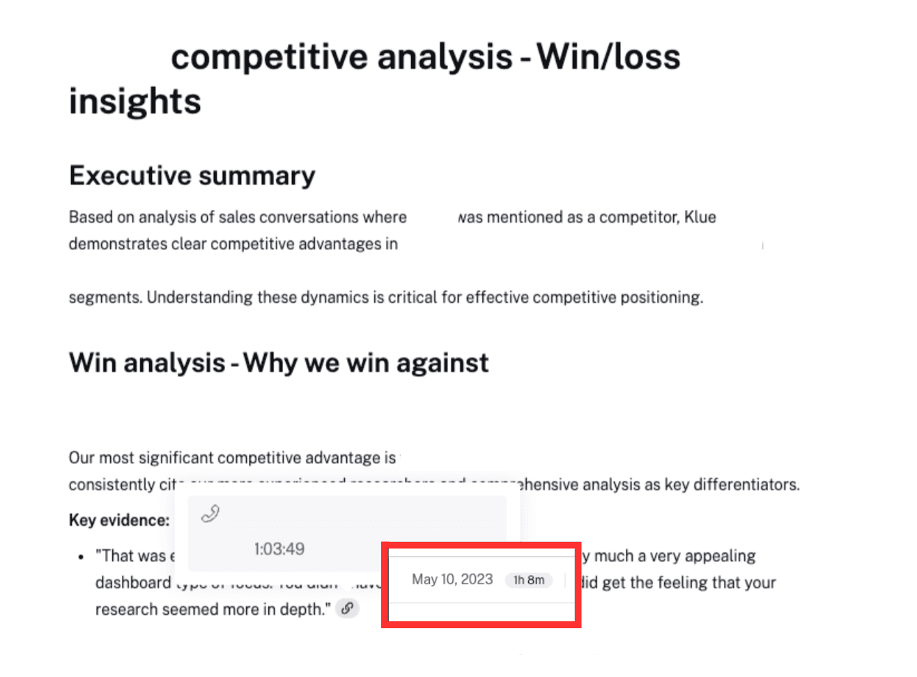 Gong AI analysis fails to deprecate older sales calls when providing win-loss analysis or competitive intelligence